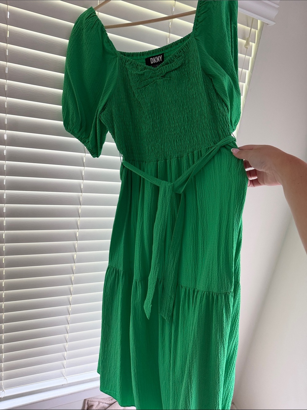 DKNY Bright Green Puff-Sleeve Midi Dress with Self-Tie Waist